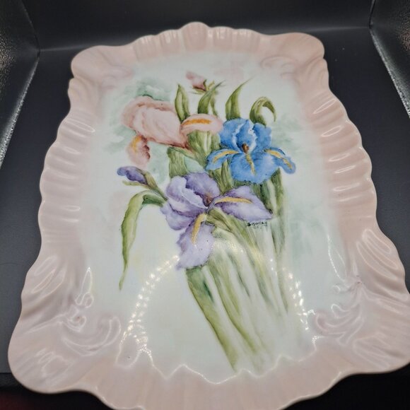 Decorative Hand-Painted Porcelain Floral Tray Signed By Smorey 1985 Iris Pattern - Picture 1 of 7